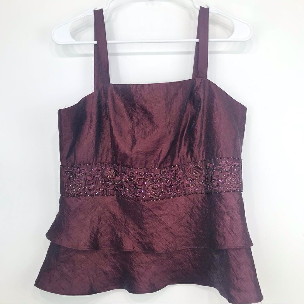 Dress Barn Collection Burgundy Bead Waist Tiered Ruffle Holiday Tank Blouse